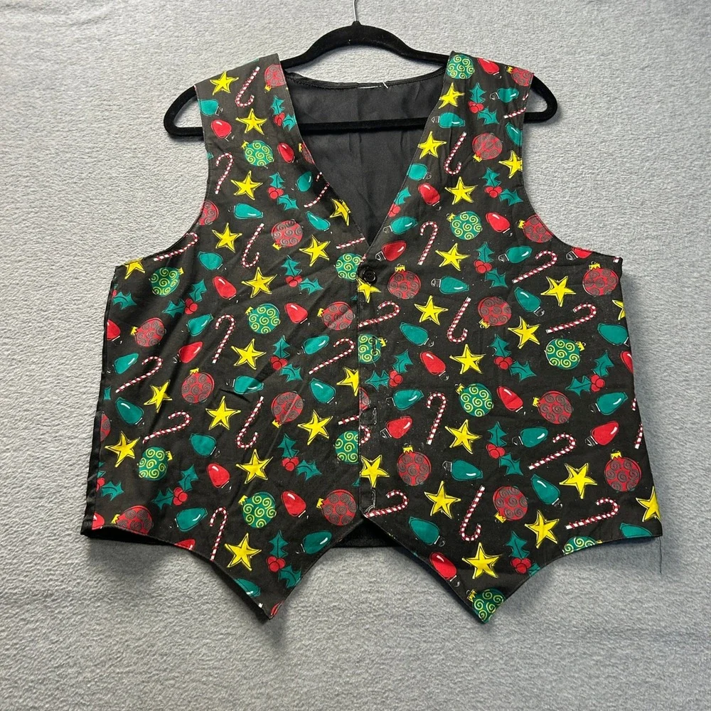 Vintage Handmade Christmas Holiday Vest Womens Large Black Quilted Button Front